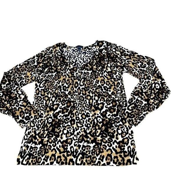 Talbots Extra-fine yarns Soft Merino V-Neck Sweater - Leopard Print SZ M - Picture 2 of 9